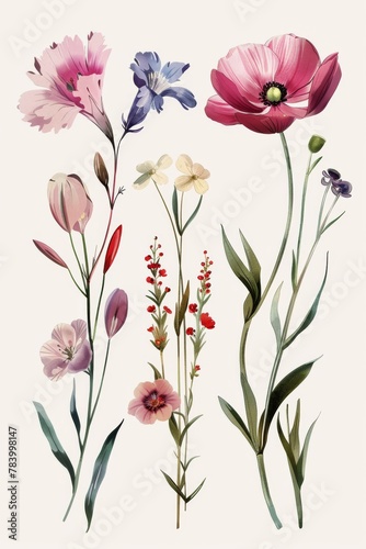 An exquisite collection of various flowers painted with watercolor, featuring pastel tones and graceful aesthetics © Vuk