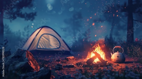 A cozy campfire burns brightly, casting a warm glow on a nearby teapot. In the background, a tent stands silently, adding a sense of adventure to the scene. photo