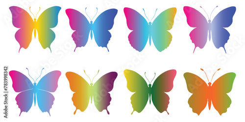 Collection of colorful Butterfly silhouette clip art on isolated in white background. set of gradient colors butterflies vector illustrations.