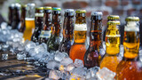 A refreshing assortment of beer bottles on ice, ready for summer picnic.