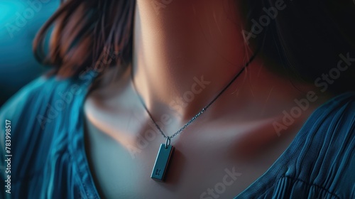 Flash drive on the woman's neck like a necklace. Close-up. AI generative. photo