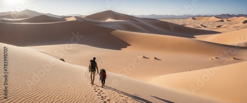 Explorer carrying a backpack walking through in Bright Colours  the desert from behind