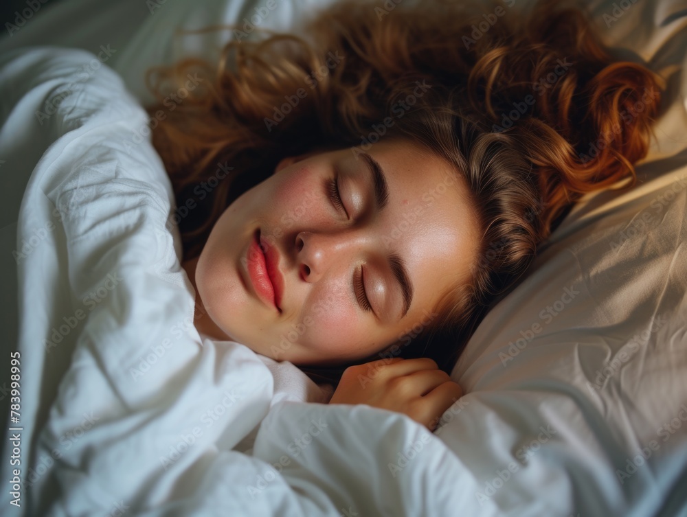 Sleeping young woman in bed. Healthy sleep. AI generative. Sleeping young woman in bed. Healthy sleep. AI generative.