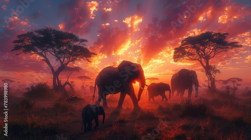   A herd of elephants atop a grass-covered field, beneath a cloudy sky, as the sun sets © Anna