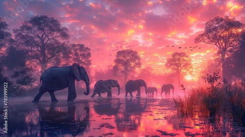   A herd of elephants traverses a water body as a pink sky hangs above, graced by a flock of flying birds © Anna