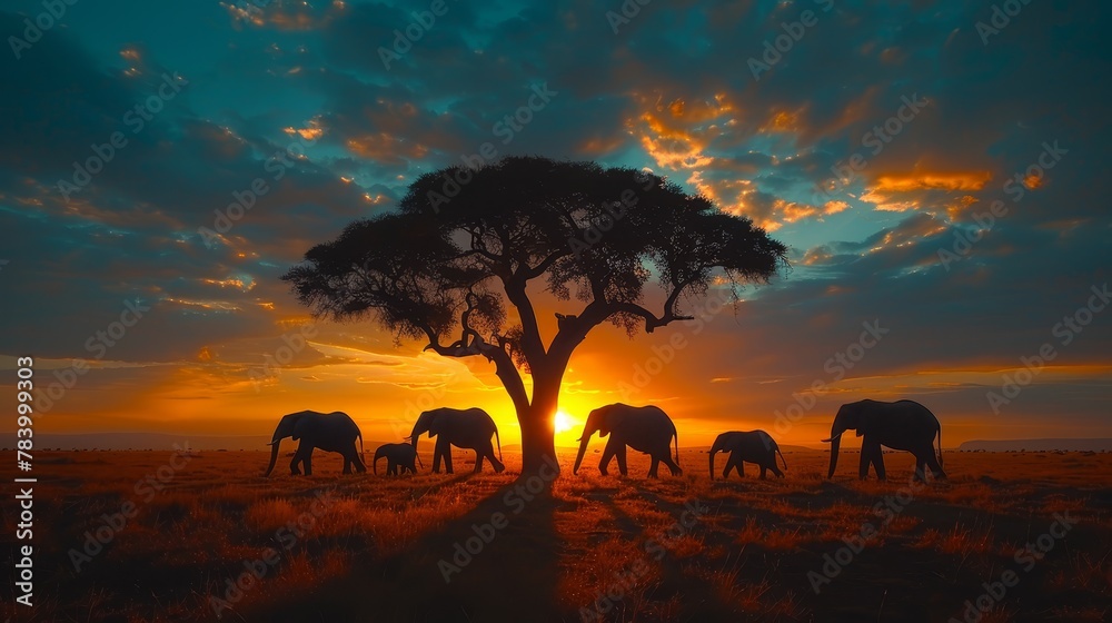   A cluster of elephants faces a solitary tree as the sun sets, casting an orange glow in the backdrop