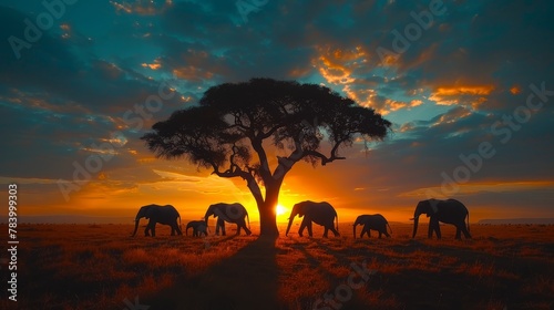  A cluster of elephants faces a solitary tree as the sun sets, casting an orange glow in the backdrop