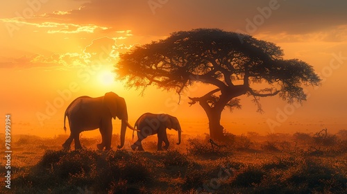   A pair of elephants near a tree against a grassy field  sun casting light from behind