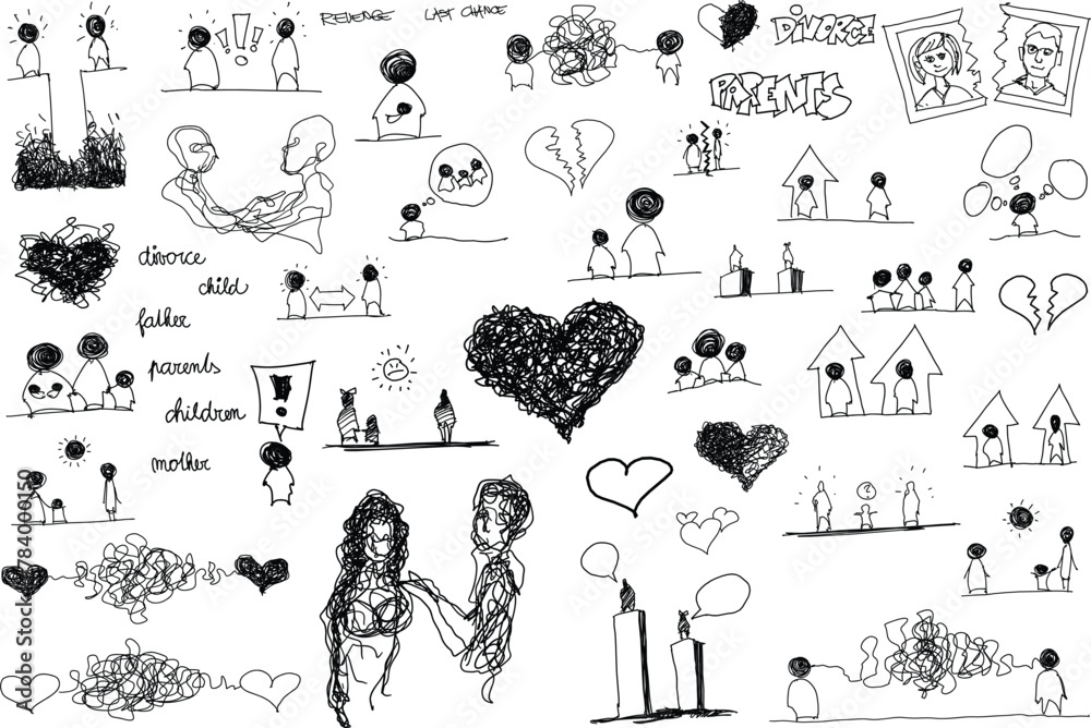 hand drawn sketches of topics regarding family life and partnership and divorce - obrazy, fototapety, plakaty 