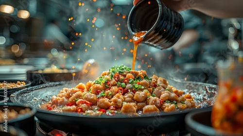  A person pours sauce over a plate of food on the stove top Other plates of food are visible in the background