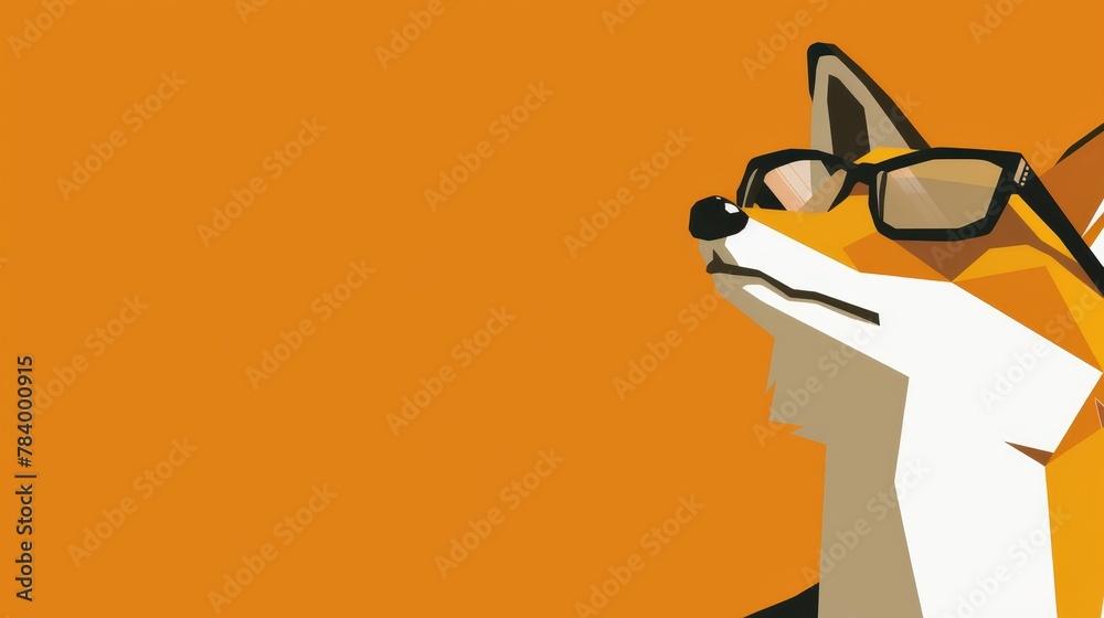 Fototapeta premium A dog wearing sunglasses against an orange and white striped backdrop