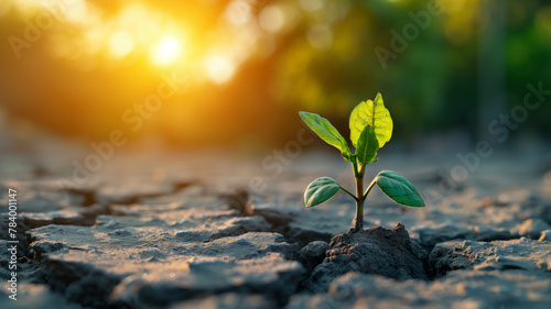 Young seedling plant sprouting from cracked earth, symbolizing hope, growth, resilience and renewal. Earth Day banner, environmental awareness campaigns, promotions, flyers, advertisement background photo