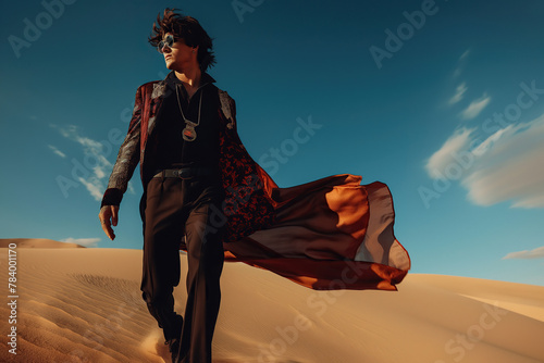 High fashion concept. Full length profile portrait of fashionable male model with dark hair walking in luxurious clothing among sands under the blue sky. Luxury brands campaign style