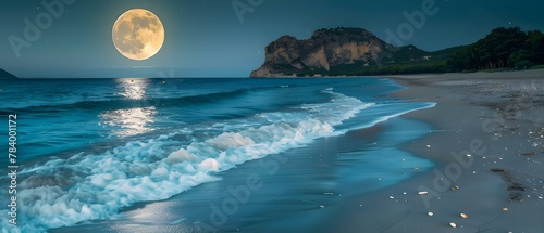 Moonlit Tranquility: Gentle Waves on Nocturnal Shores. Concept Nighttime Photography, Seaside Serenity, Moonlit Landscapes