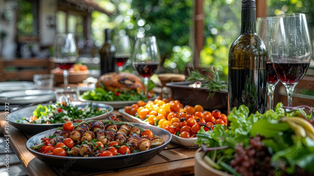   A wooden table, laden with plates of food and a bottle of wine Nearby, a bowl of salad and a glass of wine complete the scene