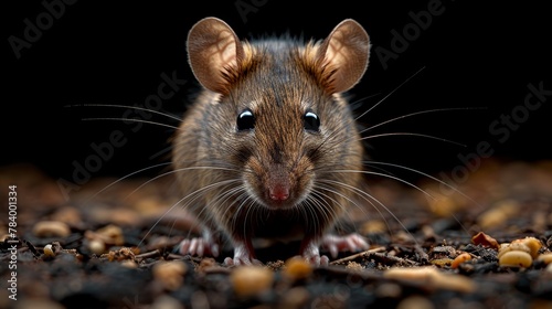   A close-up of a mouse among dirt and nuts  one eye gazing at the mouse  the other fixed on it