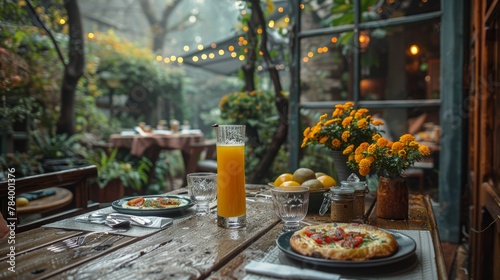  A table bears a plate of pizza, nearby sits a glass of orange juice, and a bottle of orange juice