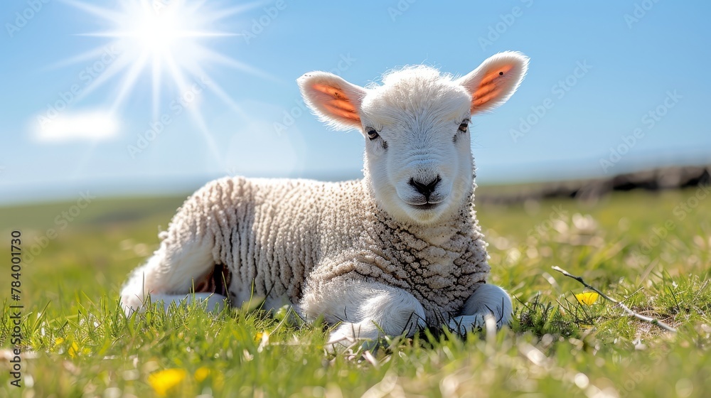 A lamb reclining in a verdant field under the sun's radiant backdrop A lamb reclining in a verdant field under the sun's radiant backdrop