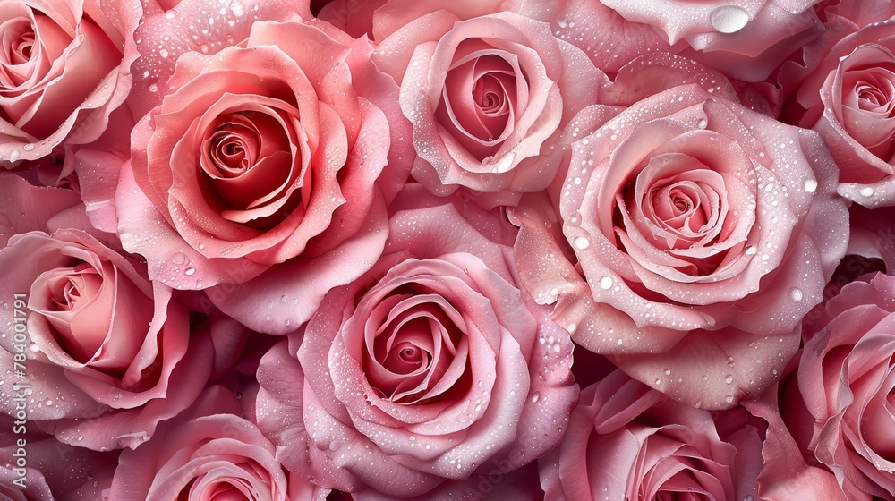 A tight shot of numerous pink roses, adorned with beads of water on their petals and atop them A tight shot of numerous pink roses, adorned with beads of water on their petals and atop them