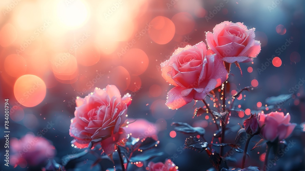 A cluster of roses in pink sits atop a verdant field, contrasting against a backdrop of vibrant blue and red A cluster of roses in pink sits atop a verdant field, contrasting against a backdrop of vibrant blue and red