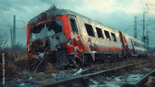 A severely damaged train abandoned on railway tracks, with a desolate atmosphere.