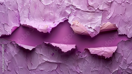  A tight shot of a purplish wall with peeling paint on its edges and a protruding wooden piece