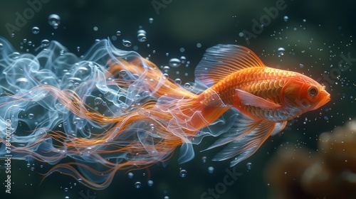   A tight shot of a fish submerged in water, surrounded by numerous bubbles at the bottom © Nadia