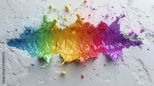   A white surface is adorned with a vibrant rainbow-hued paint splatter  its center graced by an emergent rainbow