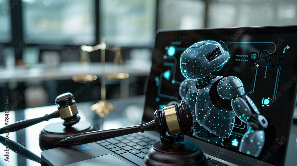 The concept of AI ethics and AI law is symbolized by a judicial gavel resting alongside a laptop adorned with legal astute icons on a table.  - obrazy, fototapety, plakaty 
