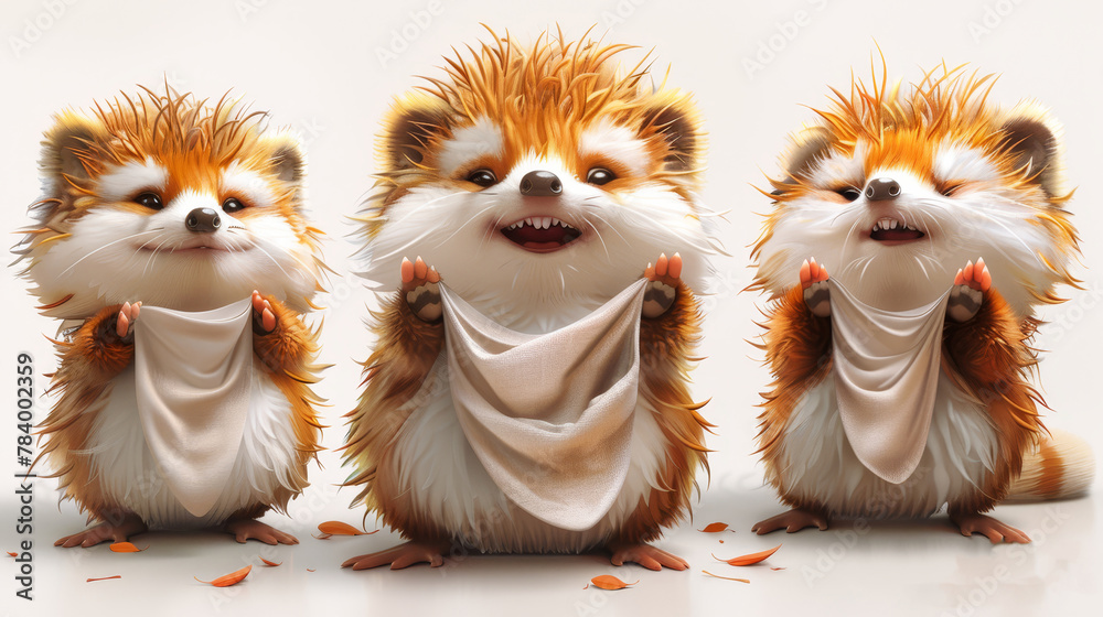   Three furry animals, each wearing scarves around their necks and eyes, pose in front of a pristine white backdrop