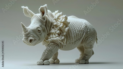   A rhino in a sweater, standing sculpture on white surface © Nadia