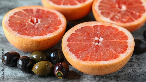   A collection of grapefruits atop a table  accompanied by olives and an olive tree nearby