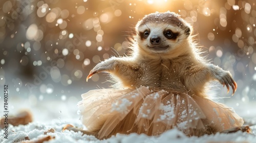  A meerkat babymight perch atop a snow-covered ball gown, paws touching the frosted ground