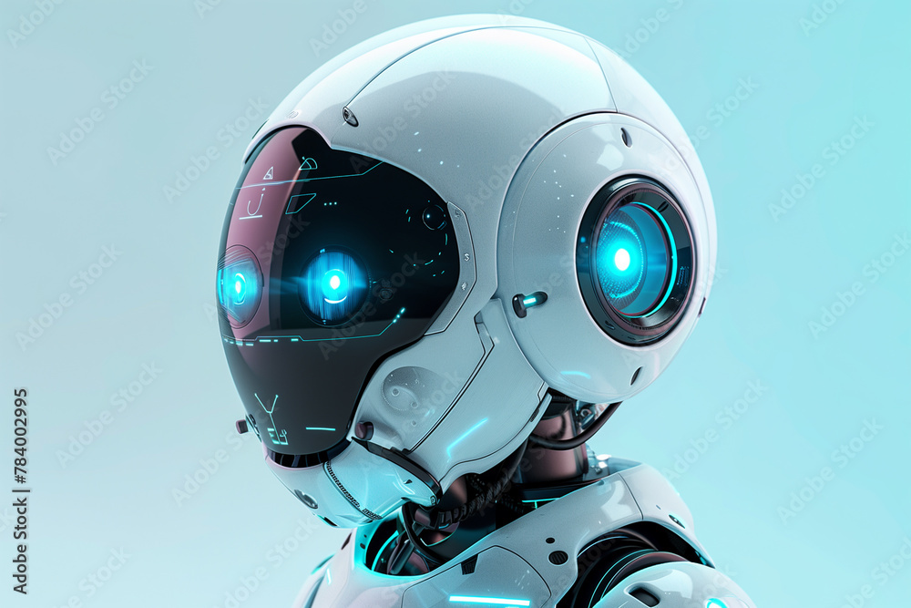 Advanced artificial intelligence robot with glowing blue eyes meticulously engineered in a futuristic high-tech laboratory isolated on a gradient background