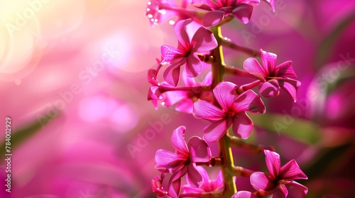   A tight shot of a pink bloom adorned with water beads on its petals  backdrop subtly blurred