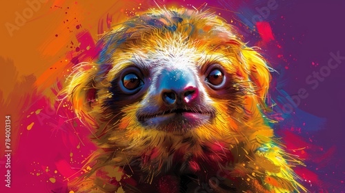   A tight shot of a small animal against a vibrant backdrop, its visage adorned with paint splatters © Nadia
