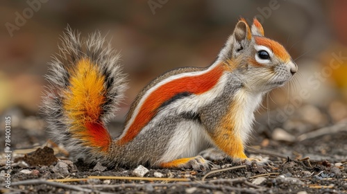   A tight shot of a squirrel featuring a red and white stripe on its back and a vibrant yellow tail