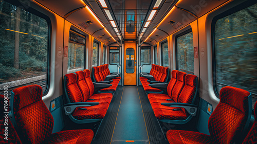 Interior of a train carriage with vibrant red seats.