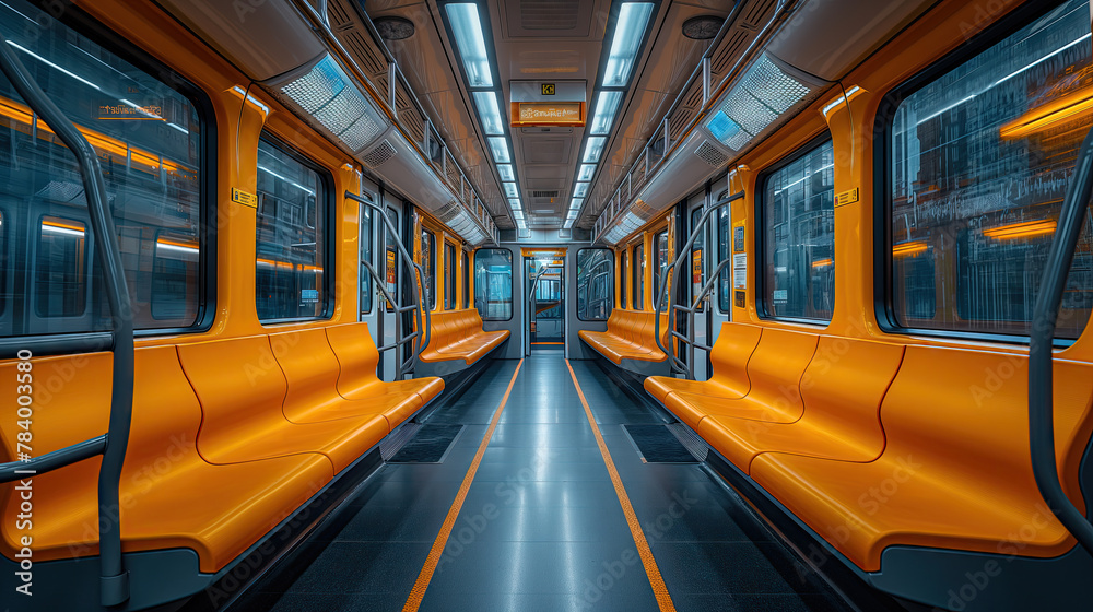 Interior of a subway train with orange seats and blue walls.