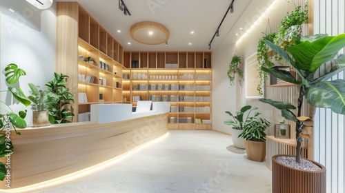 Modern homeopathy clinic interior with lush greenery. The reception area. Concept of contemporary natural medicine practice, eco-design, and welcoming healthcare space.
