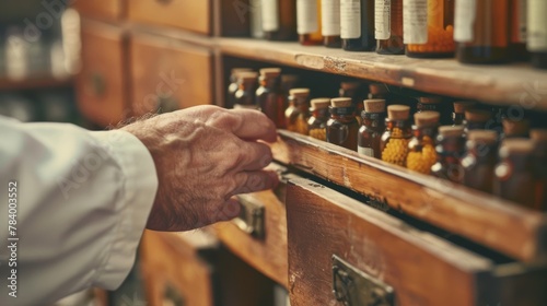 Homeopathic doctor's hand selecting a homeopathic remedy from a vintage wooden cabinet filled with neatly organized remedy bottles. Homeopathic treatment, alternative medicine, natural healthcare photo