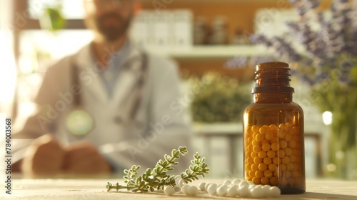 Bottle of homeopathic medicine pellets with a blurred doctor Homeopath in the background. Homeopathic globules. Concept of homeopathy, alternative medicine, organic apothecary, naturopathy.