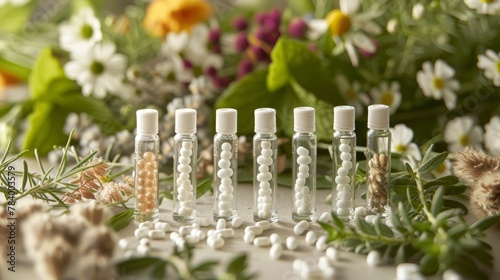 Glass bottles with white homeopathic pills on a background of fresh herbs and flowers. Concept of alternative medicine, organic apothecary, herbal extracts, homeopathy, naturopathy.