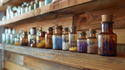 Array of brown medicine bottles on wooden shelving. Antique apothecary atmosphere. Concept of alternative medicine, homeopathic collection, herbal cures, and apothecary bottles.