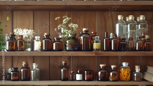 Variety of homeopathic remedies in glass vials and bottles arranged in orderly fashion on a wooden shelf. Concept of alternative medicine, organic apothecary, herbal extracts, homeopathy, naturopathy.