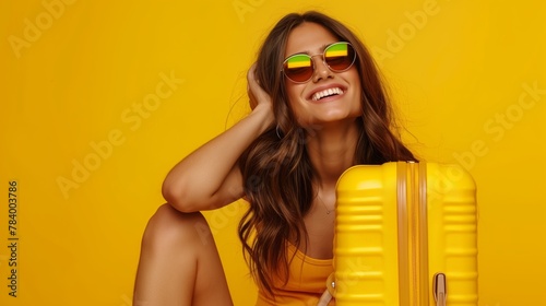 A smiling and dreamy traveler with a suitcase in her hands looks at the beauty of nature around her, preparing to relax and explore new places. Woman on plain isolated yellow background