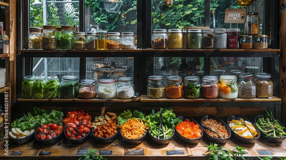   A wooden table in a store laden with various salads and condiments, displaying an array of options
