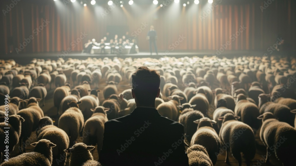 Obraz premium Man Facing Sheep Crowd in Auditorium: Populism Metaphor