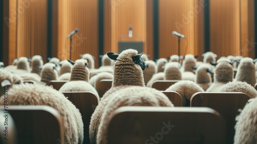 Sheep in Conference Room Facing Speaker: Propaganda Symbolism