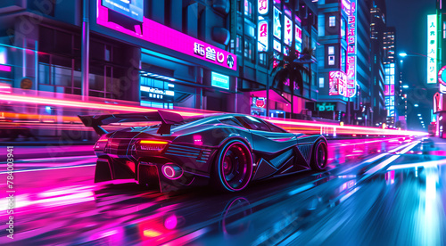Futuristic sports car speeding through neon-lit cyberpunk city street. Sleek vehicle in a vibrant urban night. Concept of future transportation, speed, city life, and neon aesthetics.